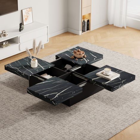 Table basse carrée noire moderne aspect marbre, 90 x 90 x 25 cm – Quatre tiroirs, plateau coulissant, charge maximale 30 kg (1/5)