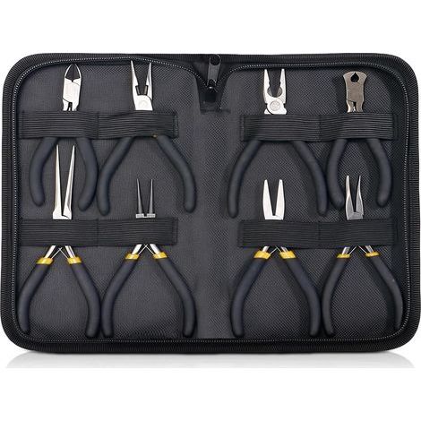 Lot de 8 mini pinces avec sac, kit de pinces à bijoux, kit de pinces ménagères, pointe d'aiguille, long nez diagonal, courbée pour électroniciens, modélisme, bijoux, électriques (1/5)