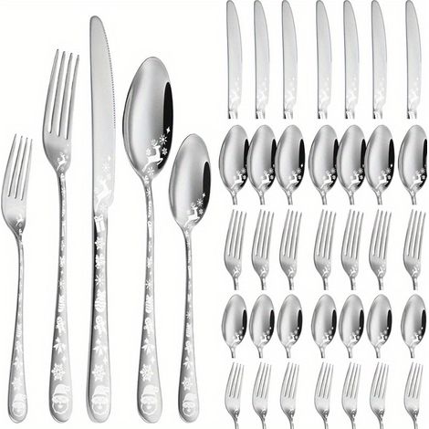 Ménagère de Noël 40 Pièces en Acier Inoxydable, Service de Couverts pour 8 Personnes, Compatible Lave-Vaisselle, Argent (1/5)