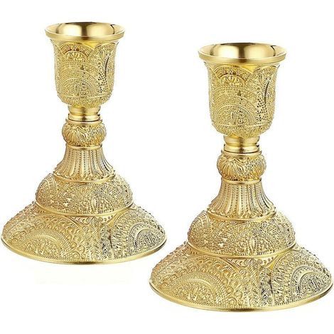 Lot de 2 bougeoirs en laiton, candélabres, bougeoirs piliers en métal vintage, bougeoirs de 4 heures, bougeoirs élégants, dorés (1/5)