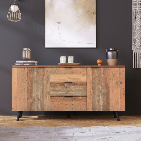 Buffet 140 x 35 x 70 cm brun ancien, 3 tiroirs et étagères réglables (1/5)