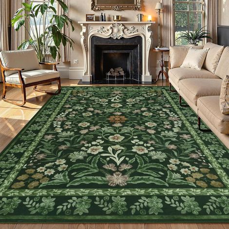 Tapis Salon Vert 160x230cm Motif Floral Tapis Lavables Boho Descente de Plancher Antidérapant pour Salon Salle à Manger Bureau Cuisine Chambre à Coucher (1/5)