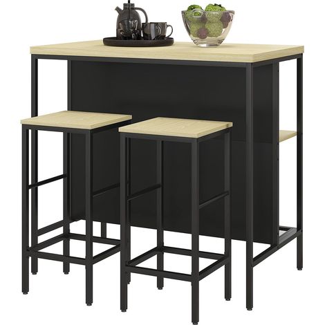 Bartisch Set 3-Tlg. Küchentisch 2 Barhocker 2 Ablagen Essgruppe Modern Stahl Eiche
