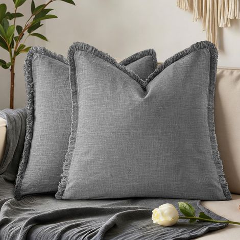 Lot de 2 housses de coussin en lin avec franges - Style bohème avec pompons - 40 x 40 cm - Coton neutre - Housses de coussin décoratives pour canapé, fauteuil, maison, chambre à coucher (1/5)