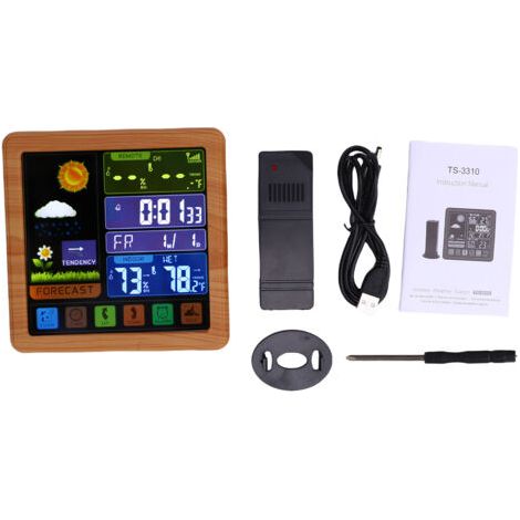 Wireless weather clock with multifunctional touchscreen and color display for indoor and outdoor temperature, humidity and weather forecast -