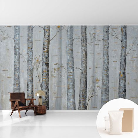 Papier peint intissé mural avec imprimé motifs décoratifs - style contemporain - Colle incluse gratuite Bouleaux 416x254 cm (1/5)