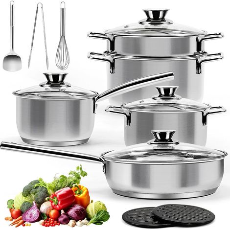 14-pièces Batterie de Cuisine en Acier Inoxydable, Casseroles avec Cuiseur Vapeur et Couvercles en Verre et Ensemble d'ustensiles, Convenant à Toutes les Cuisinières (1/5)