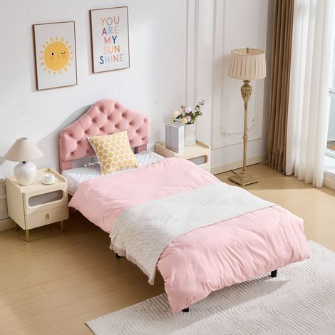 Einzelbett 90x200 cm mit verstellbarem Kopfteil und Holzlattenrost in Rosenvelours, ohne Matratze (1/5)