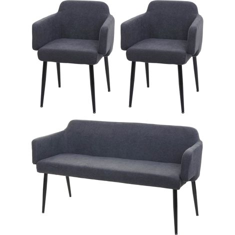 Set 2x sedie con braccioli e panca da interni elegante moderno HHG-073 legno tessuto antracite