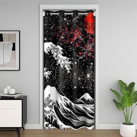 Japanese Wave Door Curtain, 86 x 203 cm, Interior Living Room, Bedroom, Privacy, 1 Panel, Blackout Curtain, Home Decor, Japanese Style, Cherry Blossom Curtains (1/5)