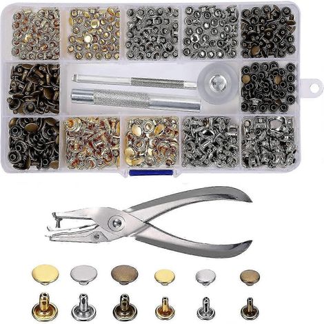 Rivets pour cuir, lot de 240, 2 tailles, rivets tubulaires doubles en métal, avec outil de fixation en 3 parties, poinçon et pince pour travaux manuels en cuir. Rivets de rechange -NN (1/4)