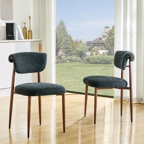 Lot de 2 chaises de salle à manger en lin, chaise de cuisine rembourrée sans accoudoirs, chaise de salle à manger moderne à dossier incurvé