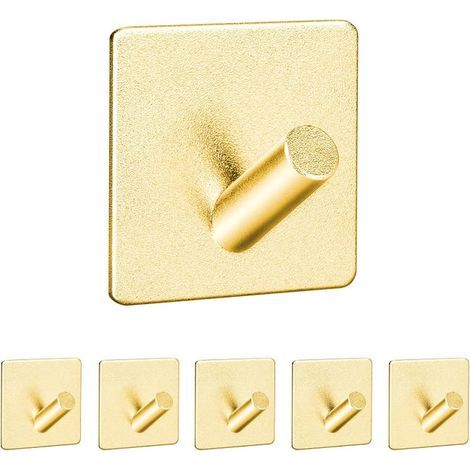 Adhesive wall hooks, set of 6, towel hooks, suitable for bathroom and kitchen, waterproof, gold. (1/5)