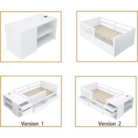 Lit enfant 90x200 cm avec rangement intégré, bureau escamotable, prise électrique, éclairage LED, double tiroirs, étagères et barrière de sécurité semi-ouverte, blanc (1/5)