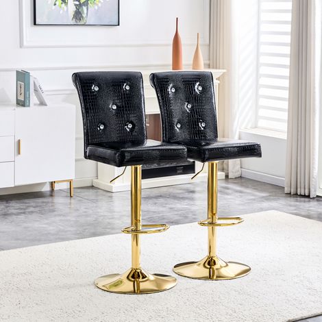 Lote de 2 taburetes de bar negros efecto cocodrilo en PVC, regulables, con botones cristal (1/5)