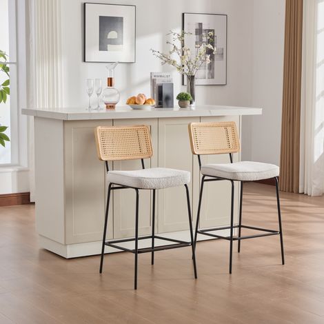 Lot de 2 Tabourets de Bar en Rotin et Tissu - Design Mid-Century avec Dossier Cannage et Assise Rembourrée - Pieds en Métal - Beige