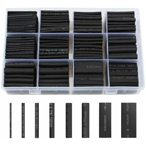 Gaine Thermorétractable 650pcs Tube Thermorétractable Noir 8 Tailles Ratio 2:1 Gaine Thermo Retractable Kit, Noire- (1/4)