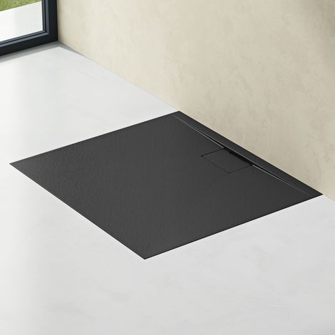 doporro Duschtasse Duschwanne 100x120x3 flach Mineralguss in Anthrazit inkl. Ablaufgarnitur AL06 DIN-Anschlüsse für bodengleiche Montage geeignet Geoma07
