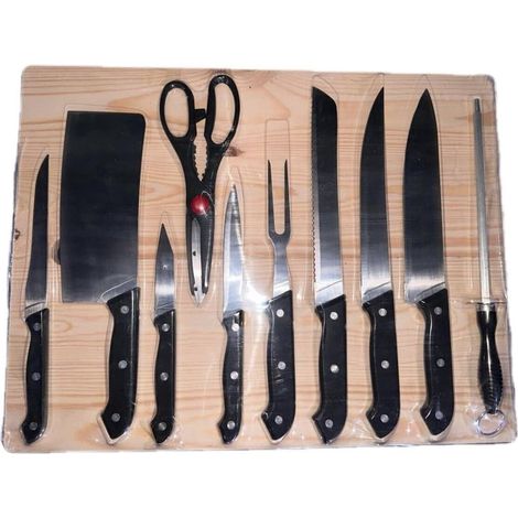 TrAdE Shop Traesio - Set 11pz Con Coltello Da Pane Cucina Carne Versatile Tagliere In Legno Forbici Forchetta -