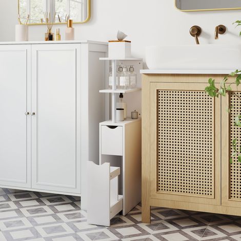 Badezimmerschrank mit Staufach und Schublade auf Rollen, mit offenen Regalböden, 20 x 45 x 115 cm, weiß