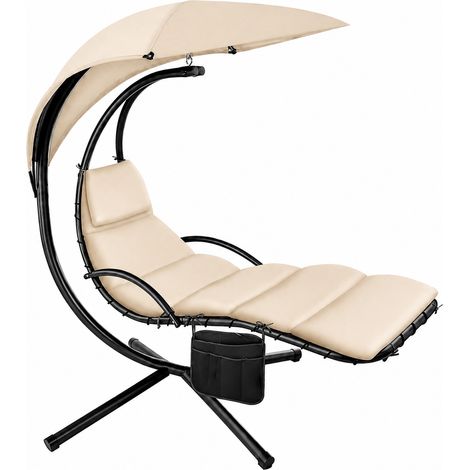 Sdraio Sospesa Con Ombrellone Parasole Integrato E Cuscino Imbottito Ergonomica Amaca Da Giardino In Acciaio E Poliestere Per Esterno Terrazzo E Bordo Piscina 195 x 132 x 197 Cm Beige