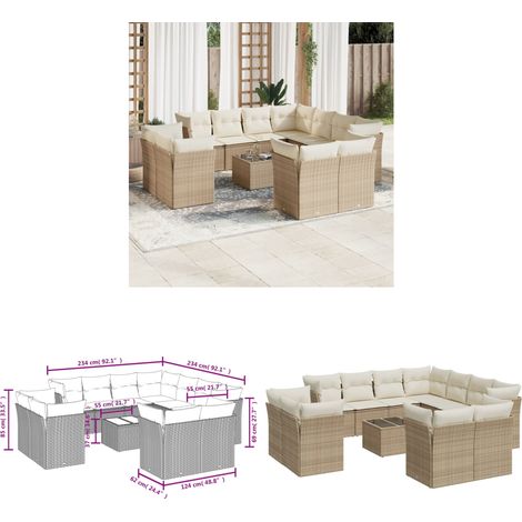 12-tlg. Garten-Sofagarnitur mit Kissen Beige Poly Rattan - Gartenmöbel Set - PE-Rattan Möbel - Outdoor Sofa - Esstisch - Lounge Garnitur - Home & Living (1/3)
