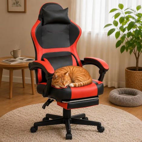 Sedia da gaming ergonomica nera e rossa, dotata di poggiapiedi estensibile e doppio cuscino lombare – ideale per l'ufficio domestico e le pause relax WL (1/5)