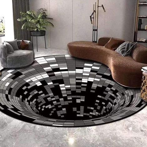 Tapis Illusion 3D Rond Anti-Dérapant Noir et Blanc Tapis Vision Stéréoscopique Moquette Décoration Sol, 140x140 cm (1/5)