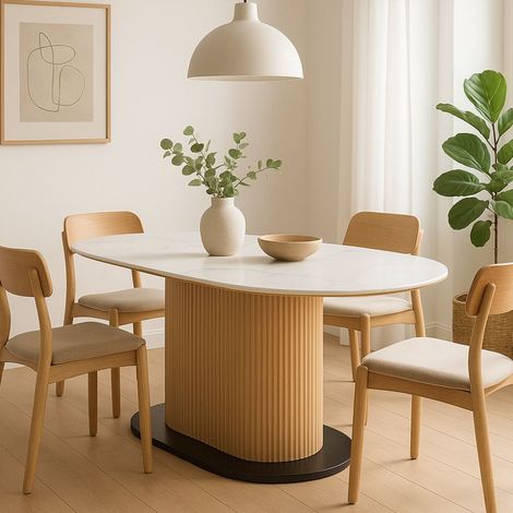Table à manger ovale 180 cm blanc céramique style marbre et pied rainuré bois VINTAGE (1/5)