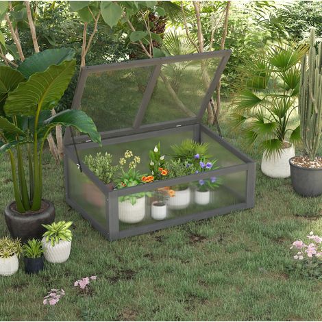 Mini serre en bois gris 100 x 65 x 40 cm, couvercle ouvrant, protection UV (1/5)