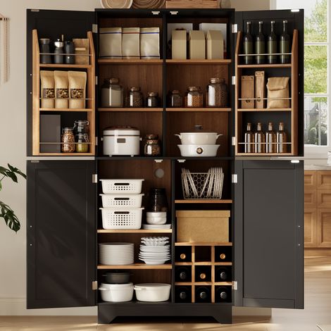 Meuble de cuisine, armoire haute de rangement avec 4 portes coulissantes de style grange, meuble garde-manger avec casier à vin et étagère de porte, meuble de rangement pour salon et salle à manger, 8 (1/5)