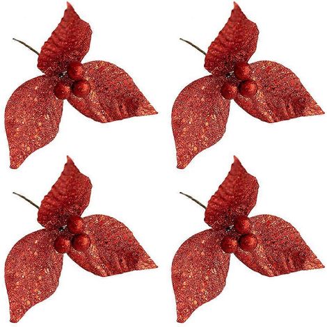 4-teiliges Set künstliche Glitzerblumen für Weihnachtsbäume und -kränze-12X12X9CM-Red (1/2)