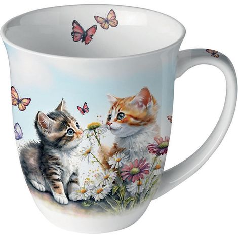 Tasse à thé en porcelaine fine - 0,4 l - Motif chats dans prairie fleurie