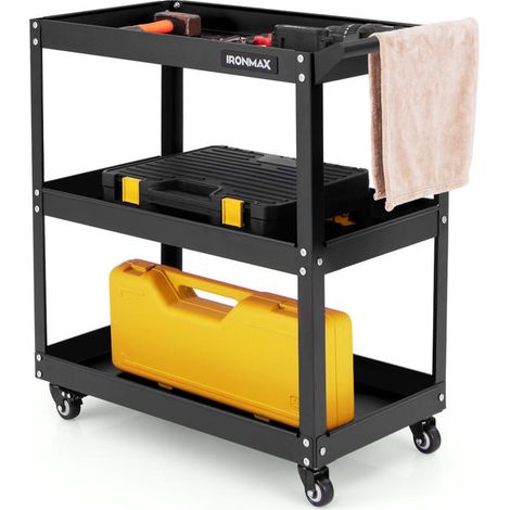 3 Niveaux Chariot d'Atelier Roulant Métallique pour Rangement d'Outils avec 4 Roues Garage Entrepôt Noir (1/5)