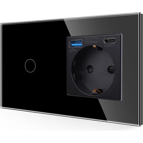 Prise USB de 20 W - Charge rapide avec interrupteur noir - Prise en verre 16 A encastrée avec 1 chargeur USB et 1 port de type C - Interrupteur mural tactile 1 compartiment 1 pôle avec LED (1/5)