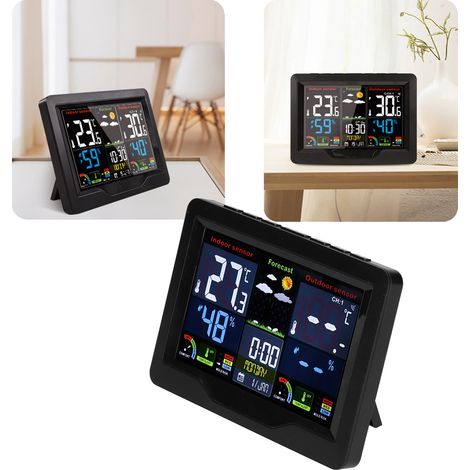 Drahtlose Wetteruhr mit Farbdisplay, Thermometer, Hygrometer, Kalender und Wettervorhersagestation. (1/5)