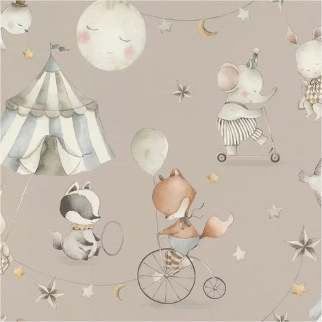 Animals Carnival Wallpaper Kids Nursery Bedroom Grey Circus White Feature Wall (1/4)