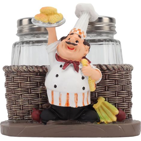 Support décoratif en résine synthétique représentant une statuette de chef, avec 2 bouteilles à sauce en verre. (1/5)