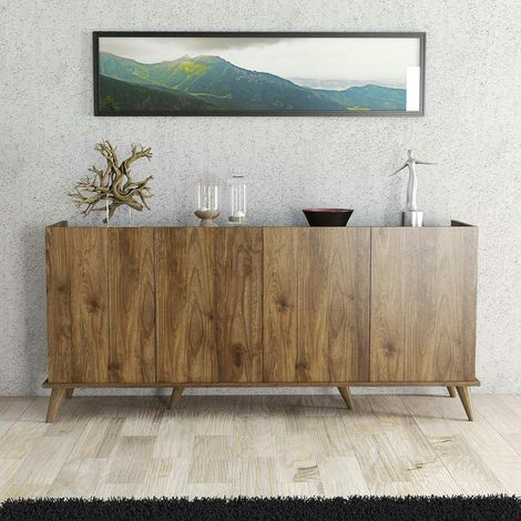 Buffet moderne 4 portes effet noyer, rebords hauts UMEA