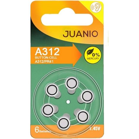 Lot de 6 Piles bouton Zinc Air Type A312/312 1,45V compatibles PR41 pour appareils auditifs - Juanio - (1/2)