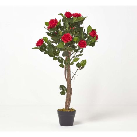 HOMESCAPES Red Potted Rose Tree Artificial Plant with lifelike green leaves and single trunk, 90 cm