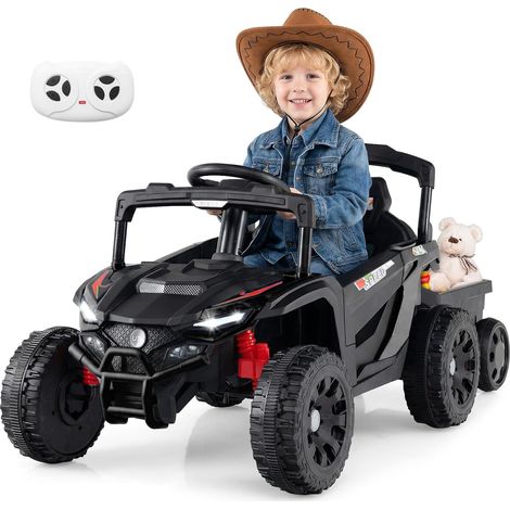 COSTWAY 12V Voiture Électrique Enfants avec Remorque Amovible, Buggy Électrique Enfant avec Télécommande 2,4G, Phares LED, Musique, Klaxon, 3-5 km/h, Charge 30 kg, pour Garçons Filles 3+ Ans (Noir) (1/5)