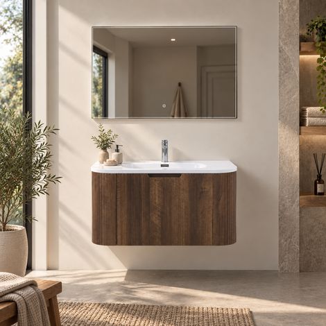 Meuble salle de bain design simple vasque MANTO PLUS largeur 90 cm noyer rainuré (1/5)