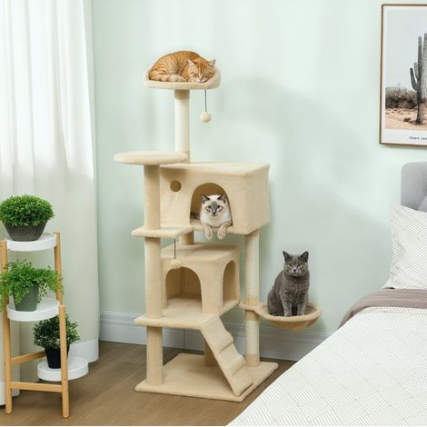 Arbre à chat 140 cm 48x48 cm en polyester beige, avec hamac et griffoirs pour salon FloraGrace (1/5)