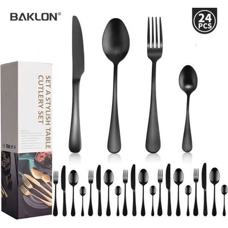 24-Piece Stainless Steel Cutlery Set, Mirror Polished for 6, Suitable for Everyday Family Use, Black (1/5)