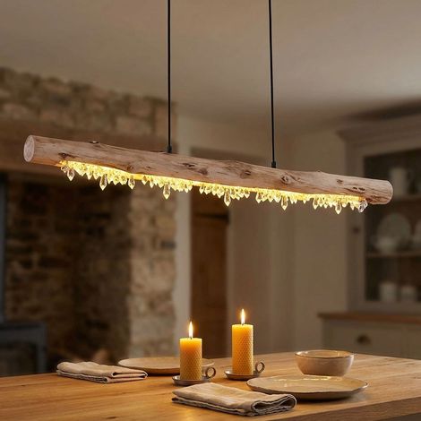 Lampada a sospensione a soffitto in legno con decoro in cristallo travi di legno lampada a sospensione lampada a sospensione in stile country, 1x LED 15 watt 980 lumen bianco caldo, LxPxH 100x8x150cm