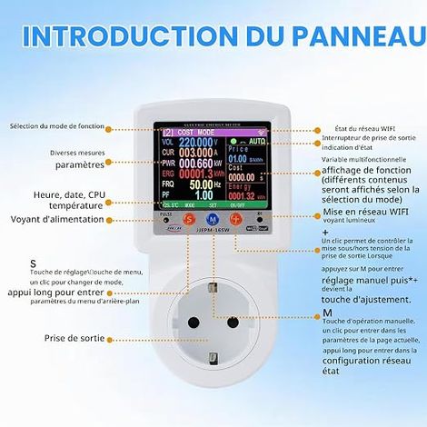 Watmètre Prise Compteur d'Énergie WiFi Prise Consommation Electrique avec 8 Modes réglables Écran LCD Protection de Tension et de Courant 16A 230VAC Contrôle APP (1/3)