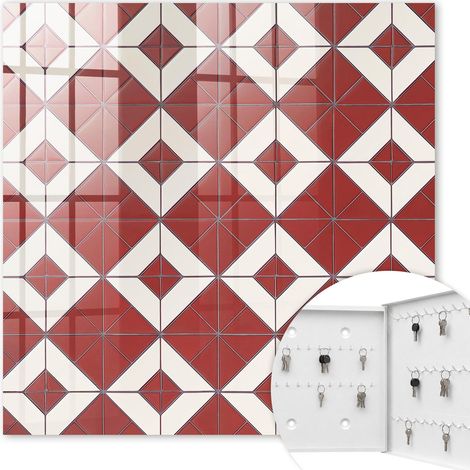 Armoire à clés - (30 cm x 30 cm) - Boîte à clés murale - Coffret de rangement pour clés - Couleur blanche - Ouverture vers la droite - Pour maison et bureau - Mosaïque rouge (1/5)