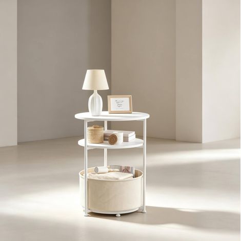 Tavolino rotondo 43x43x56 cm in metallo e tessuto bianco con contenitore integrato – MEUBLIV (1/5)