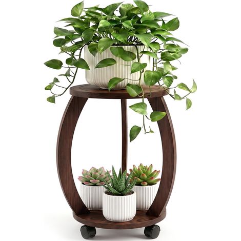 Support pour Plantes en Bois à 2 Niveaux avec Roulettes, Porte-Pots pour Pots de 15 à 30 cm, Étagère à Plantes Haute, Style Rustique et Moderne, Intérieur (1/5)